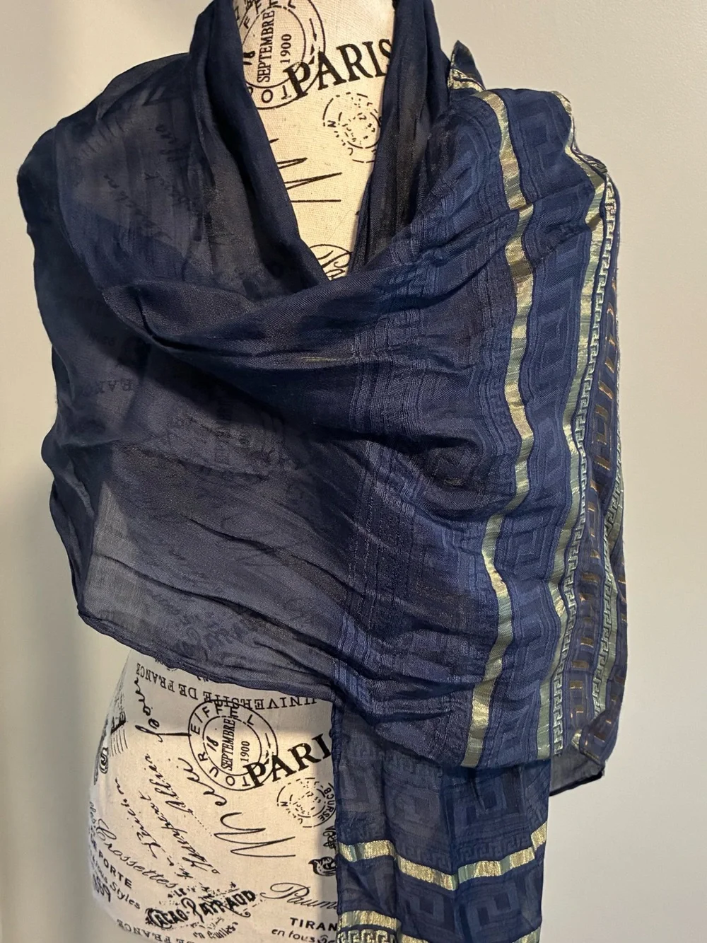 Navy blue lightweight scarf metallic gold Greek key border& traditional fringe